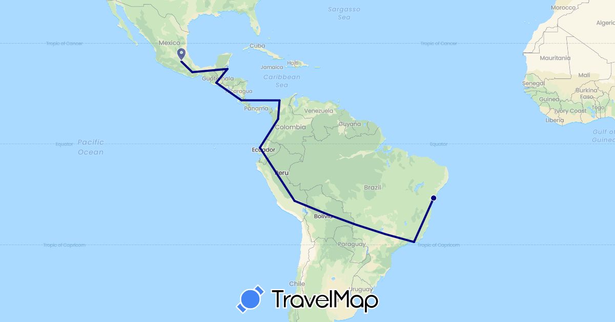 TravelMap itinerary: driving in Brazil, Belize, Colombia, Costa Rica, Ecuador, Guatemala, Mexico, Peru (North America, South America)
